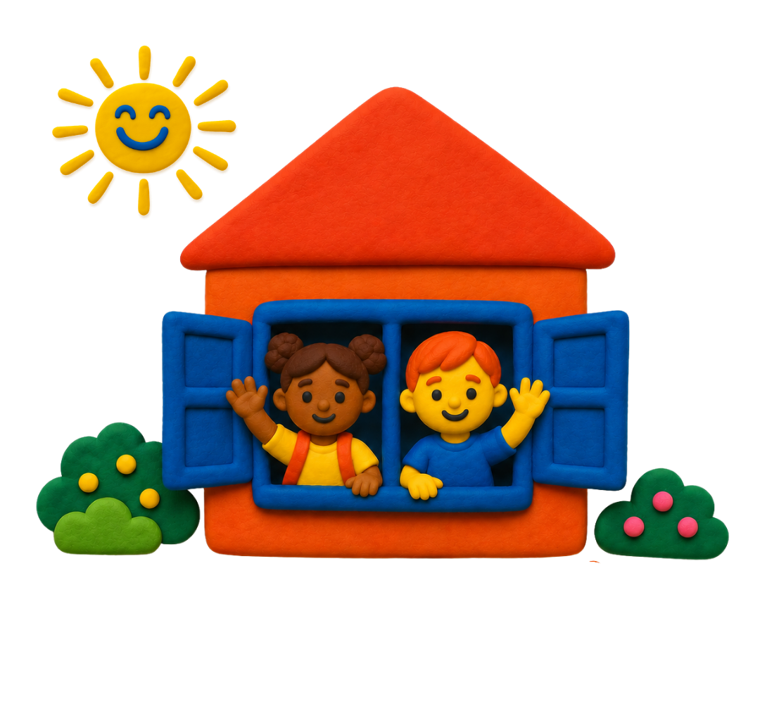 Plasticine children and young people waving from a Homes for Kids house
