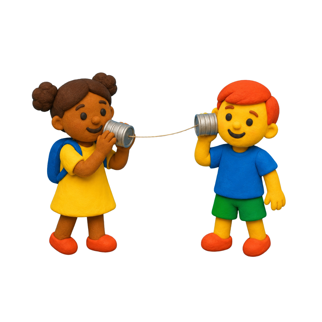 Two children and young people speaking through a tin-can telephone
