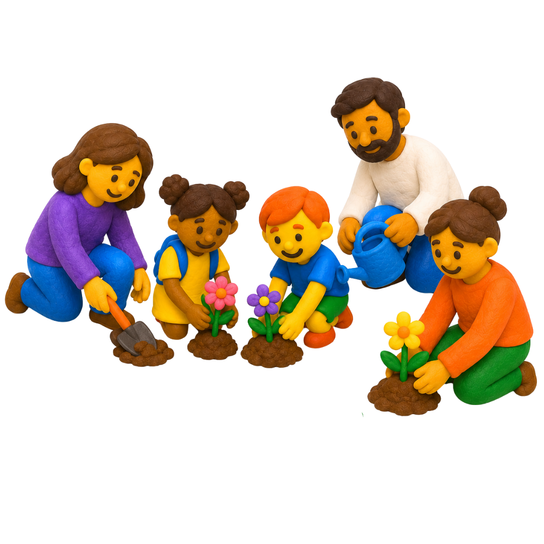 Plasticine adults, children and young people planting flowers together
