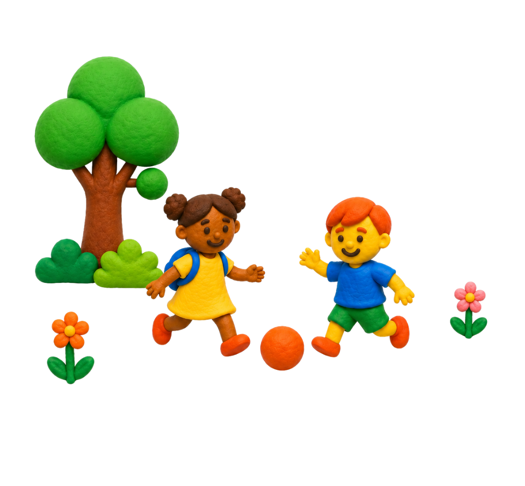 Children and young people playing football in a bright colourful plasticine world