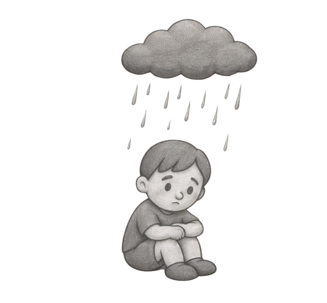 A greyscale drawing of a sad child sitting under a rain cloud
