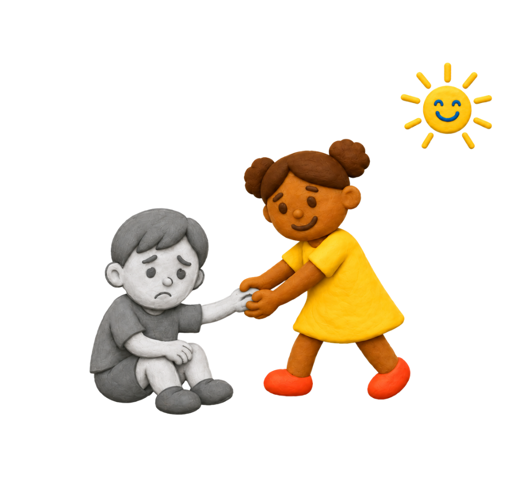 A greyscale child being helped into a colourful plasticine world