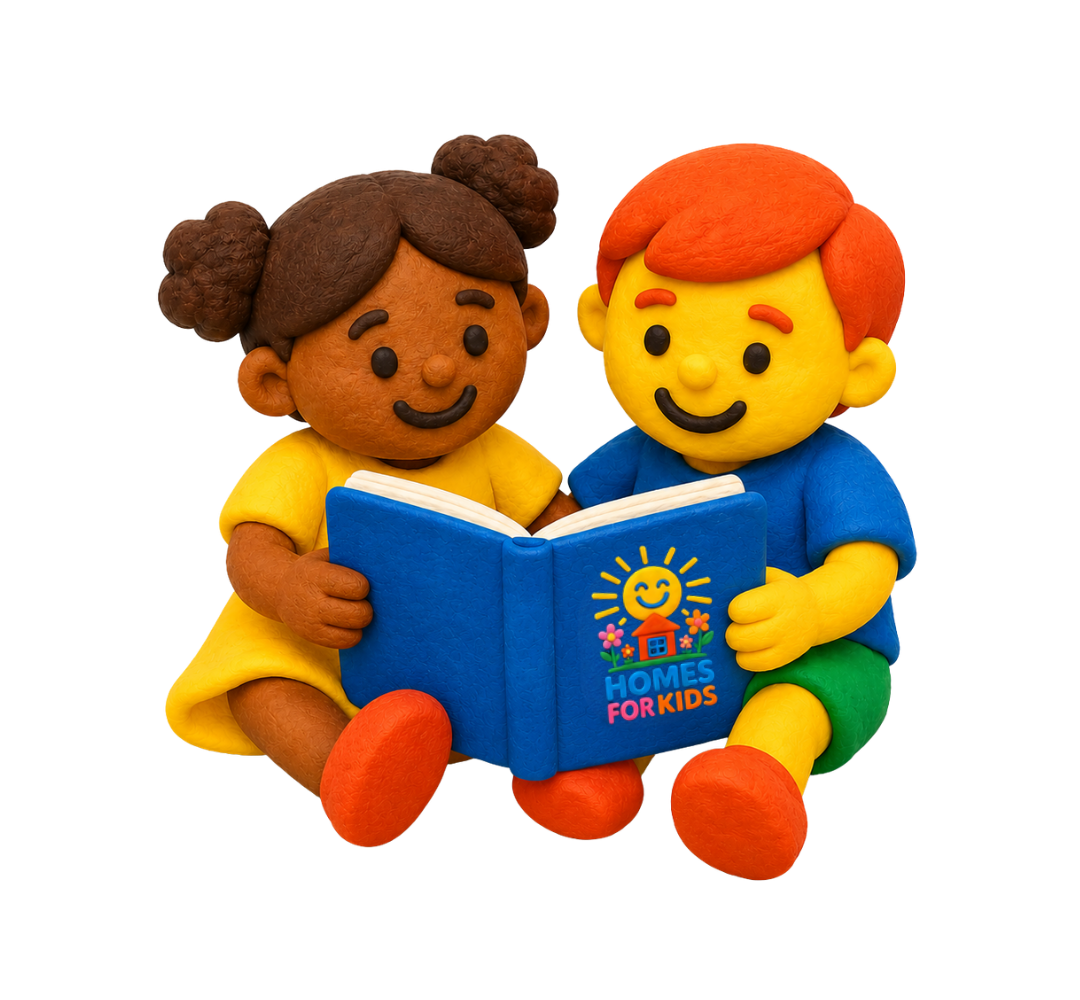 Two plasticine children and young people reading a Homes for Kids book together
