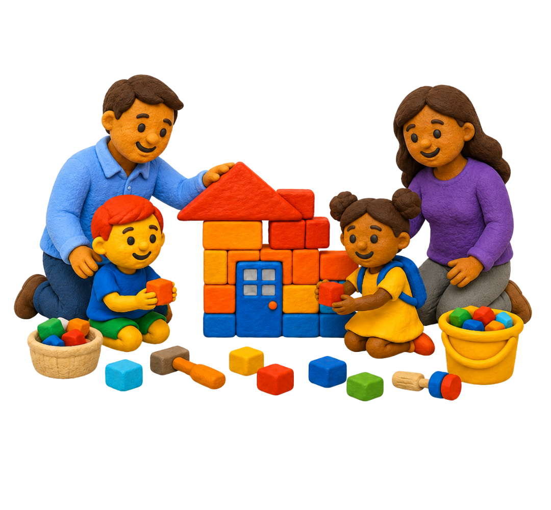 Plasticine scene of adults, children and young people building a colourful home together